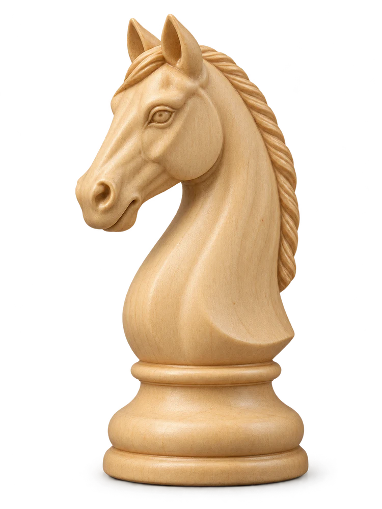 Caballo de ajedrez tallado en madera clara, sobre un tablero.